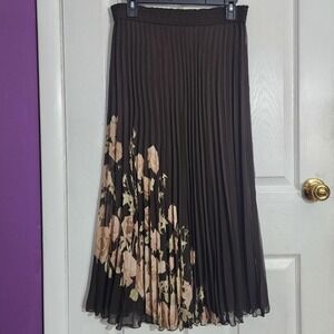 Brown Pleated Floral Maxi Skirt